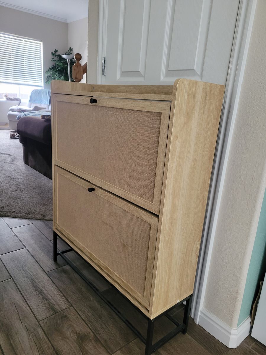 Modern Wood & Mesh 2-Drawer Flip-Down Shoe Storage Cabinet with Metal Base