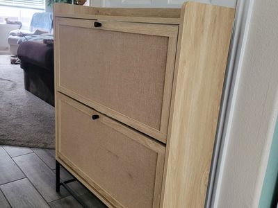 Modern Wood & Mesh 2-Drawer Flip-Down Shoe Storage Cabinet with Metal Base