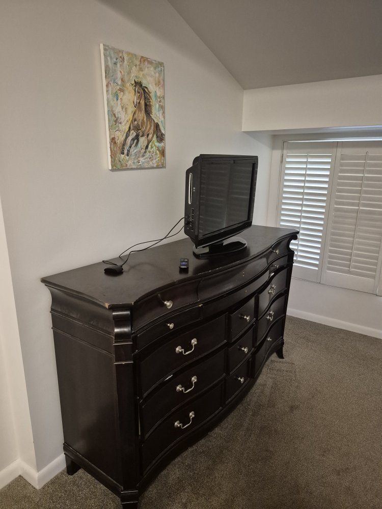 Large Dark Wood Finish Dresser with Multiple Drawers plus TV