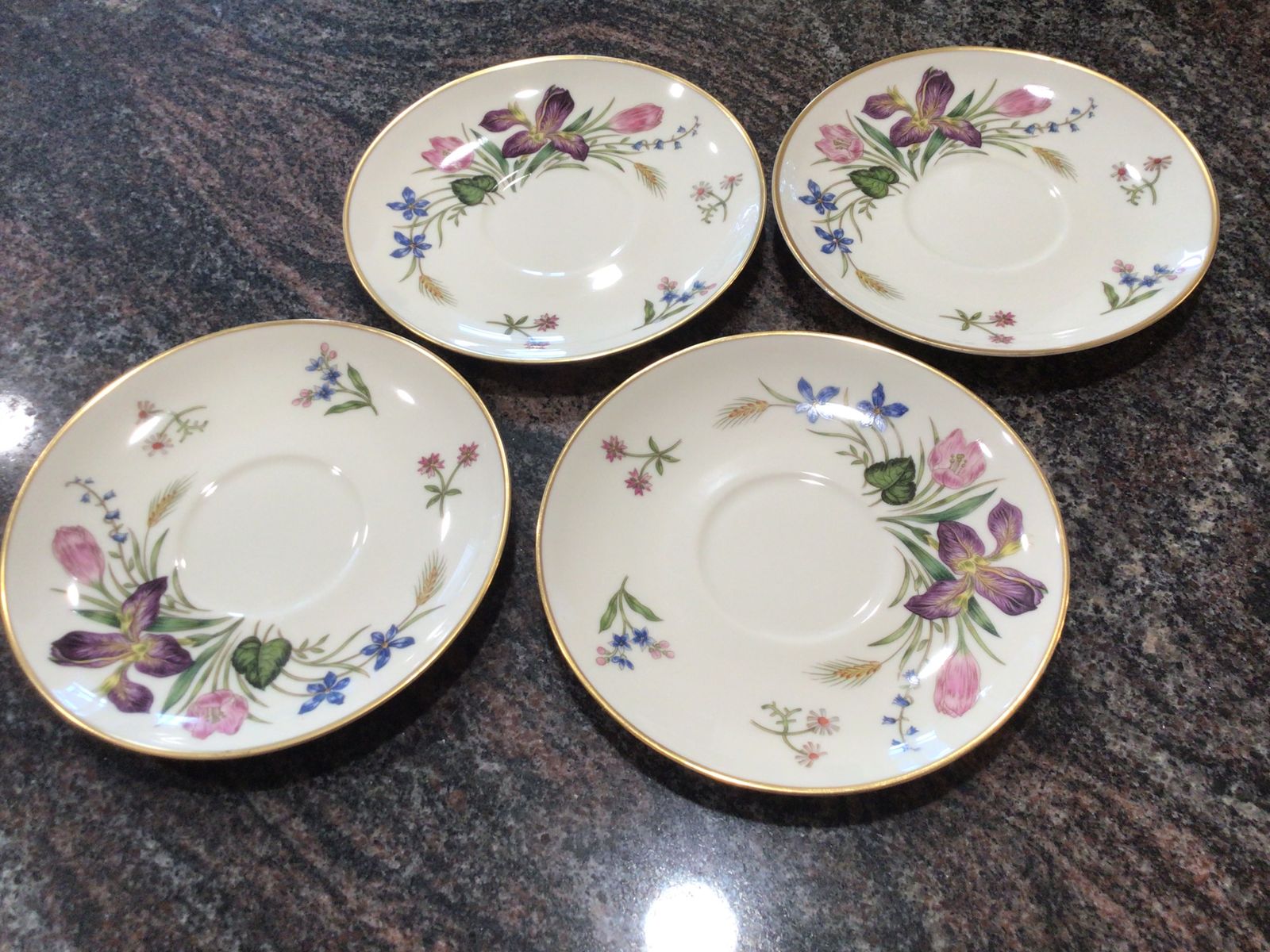 FRANCISCAN Mariposa 4 saucers vntg lav blue pink flowers gold trim cottagecore