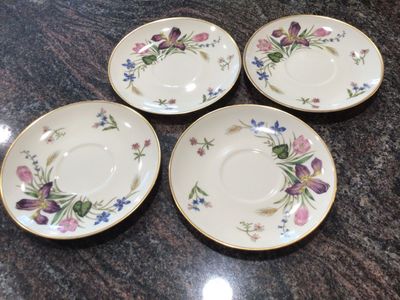 FRANCISCAN Mariposa 4 saucers vntg lav blue pink flowers gold trim cottagecore