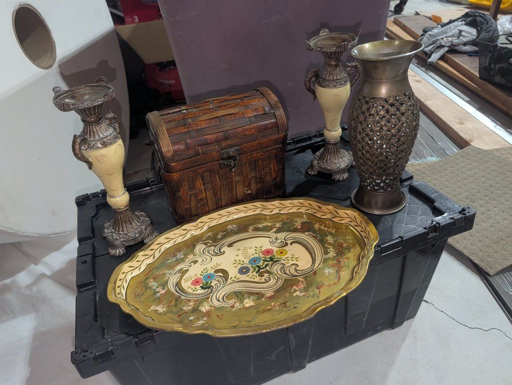 Decorative Home Decor Set: Ornate Tray, Woven Box, & Vases/Candle Holders - Vintage Style