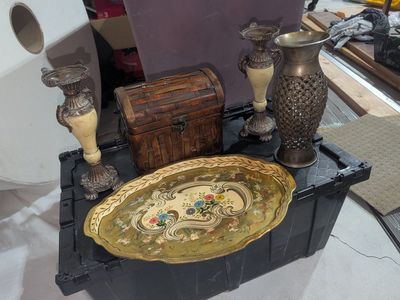 Decorative Home Decor Set: Ornate Tray, Woven Box, & Vases/Candle Holders - Vintage Style