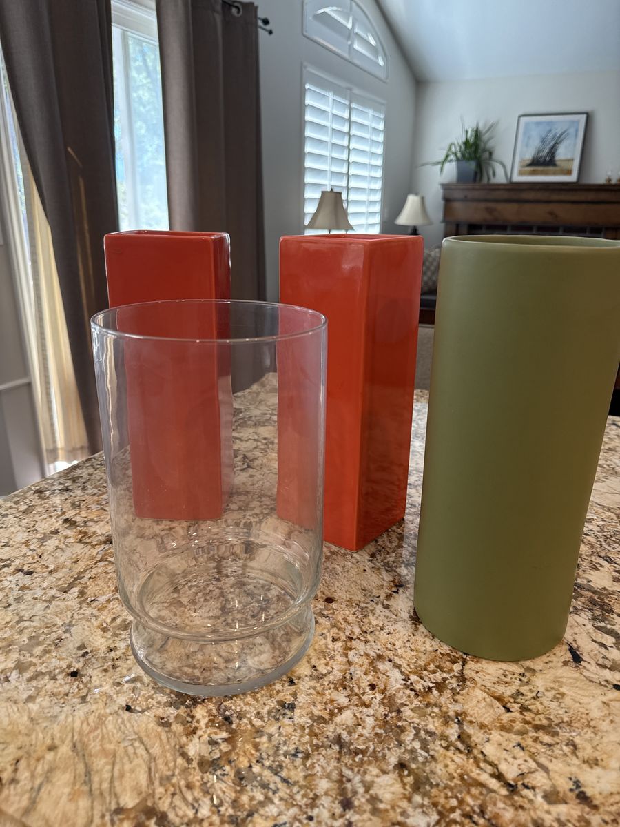 Set of 4 Vases: 2 Orange Square, 1 Olive Green Cylindrical, 1 Clear Glass Cylinder