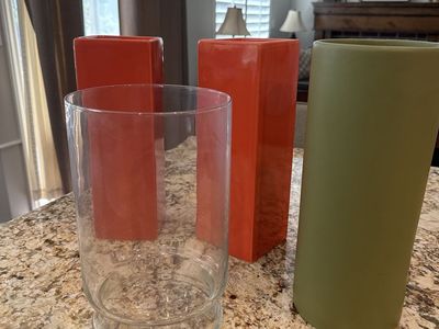 Set of 4 Vases: 2 Orange Square, 1 Olive Green Cylindrical, 1 Clear Glass Cylinder