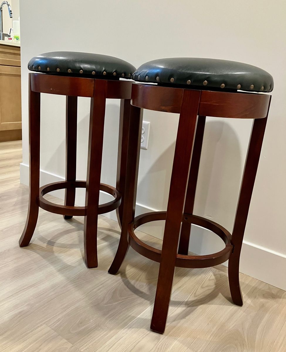 Bar Stools (Set of Two) - 29 inch by 16 inch, Black Leather Top