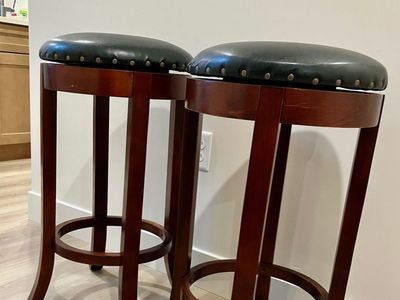 Bar Stools (Set of Two) - 29 inch by 16 inch, Black Leather Top