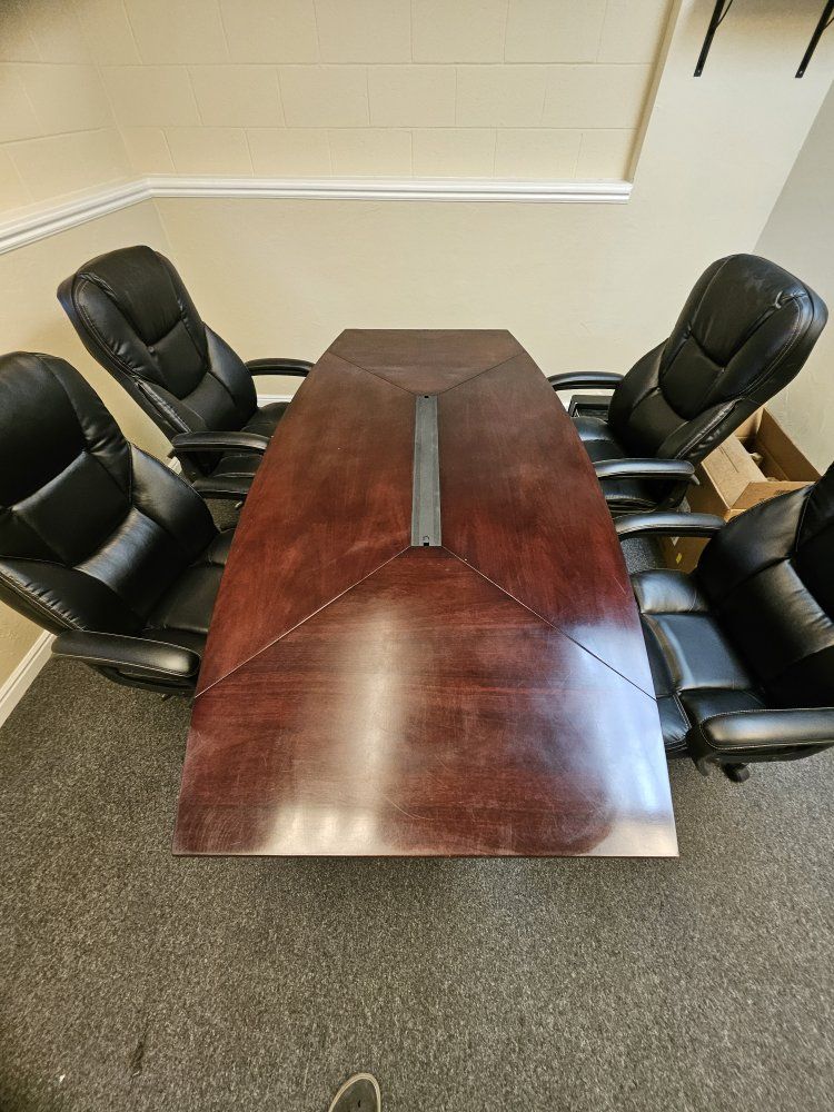 Dark Wood Conference Table with 4 Black Executive Office Chairs