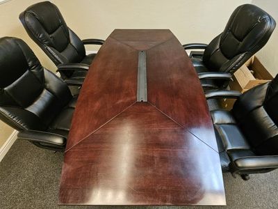 Dark Wood Conference Table with 4 Black Executive Office Chairs