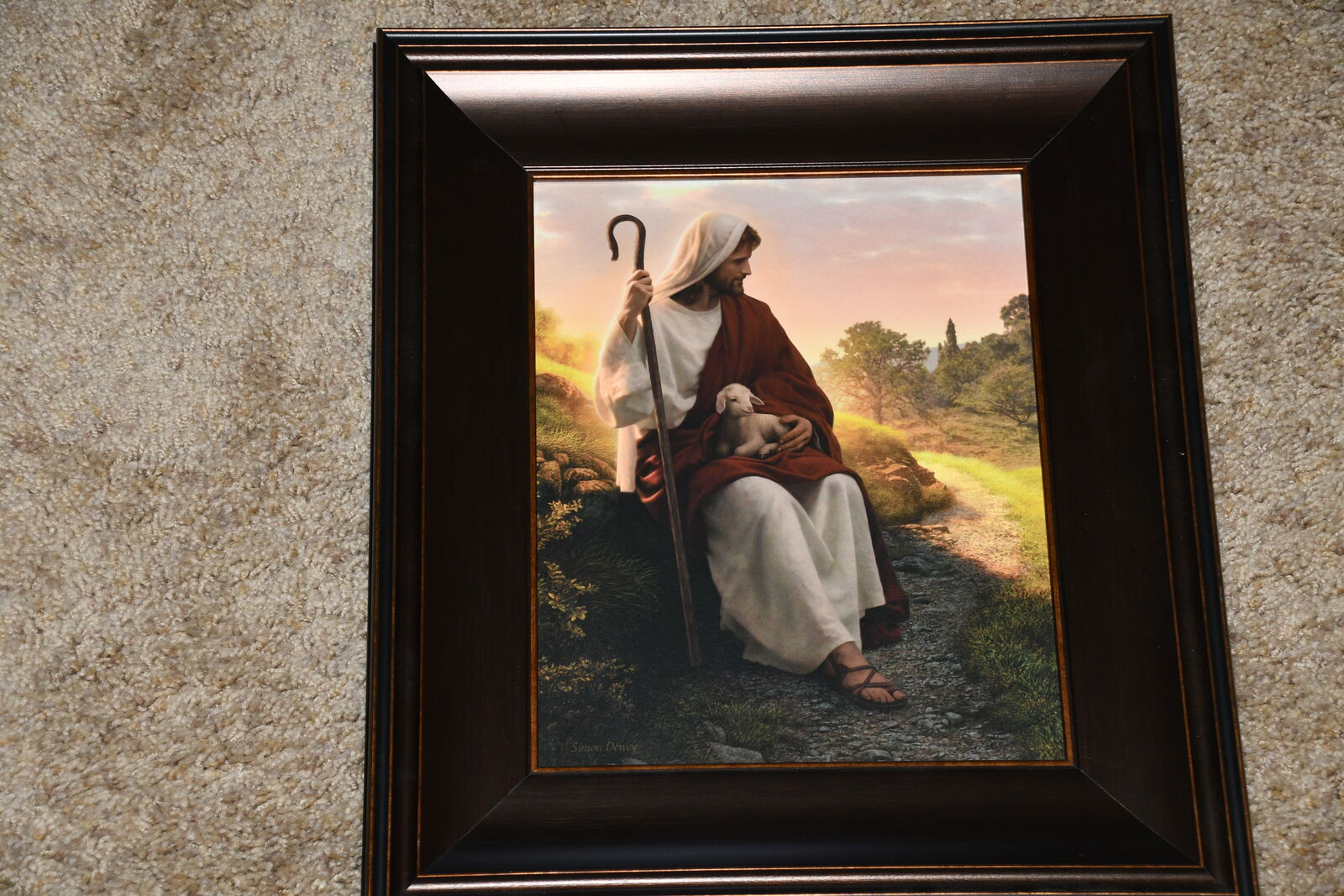 "In the SHEPHERD'S CARE" JESUS with LAMB PICTURE ~ SIMON DEWEY ~ TEXTURED ~ 19" x 16" FRAMED
