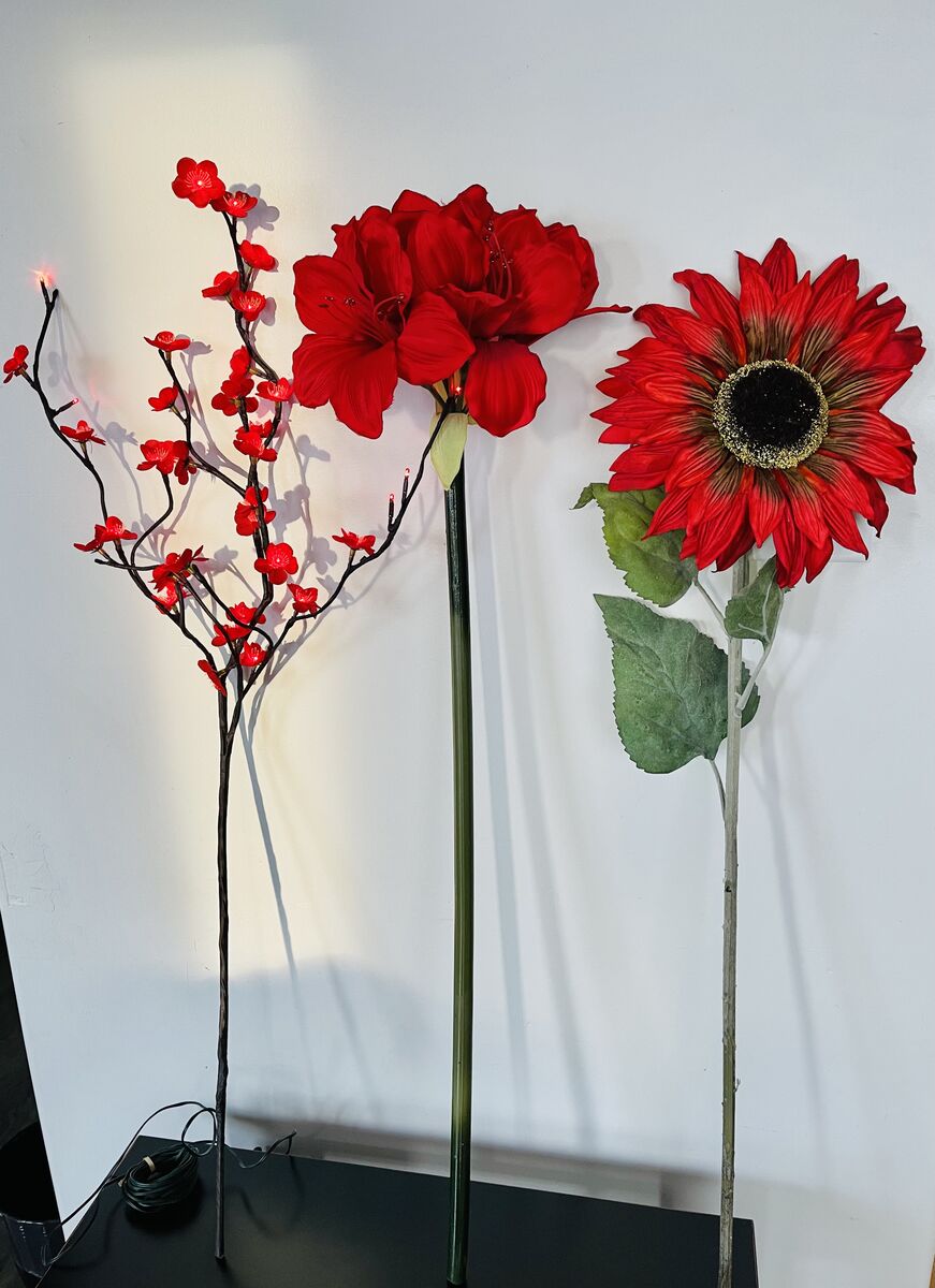 Trio of Red 3’ Tall Faux Floral Stems-1 LED/lighted cherry blossom, 1 amaryllis, 1 silk sunflower-beautiful florals!-$15/ for 3