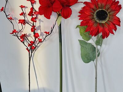 Trio of Red 3’ Tall Faux Floral Stems-1 LED/lighted cherry blossom, 1 amaryllis, 1 silk sunflower-beautiful florals!-$15/ for 3