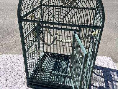 Vintage Style Teal Wrought Iron Bird Cage w/Arched Top & Perches