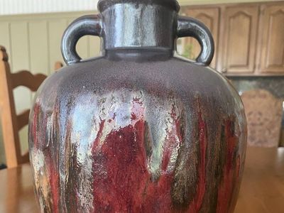 Large Vintage Ceramic Vase Urn with Handles - Deep Red-Gray-Black-Brown Dip Glaze, Stunning