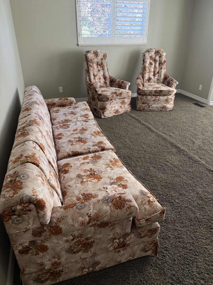 Vintage Floral Sofa & 2 Armchairs - Tufted Back, Skirted Base, 3-Seat Sofa
