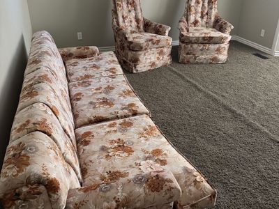 Vintage Floral Sofa & 2 Armchairs - Tufted Back, Skirted Base, 3-Seat Sofa