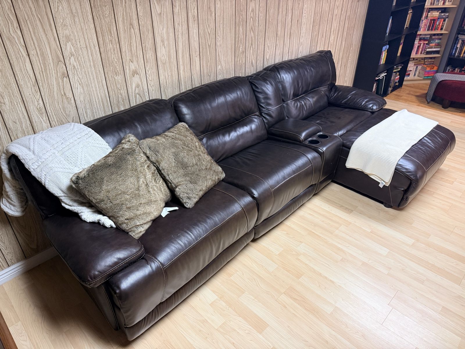 Large Brown Faux Leather Sectional Sofa with Electric Recliner and Cupholders - Excellent Condition