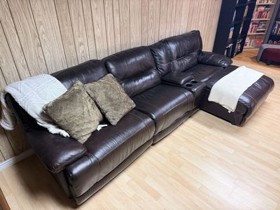 Large Brown Faux Leather Sectional Sofa with Electric Recliner and Cupholders - Excellent Condition