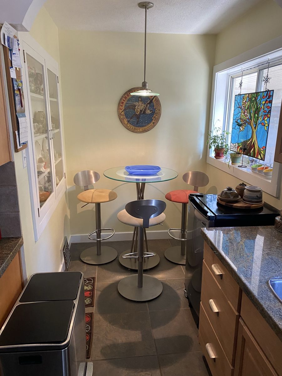 Glass Top Bistro Table with 4 Adjustable Swivel Bar Stools - Modern Dining Set