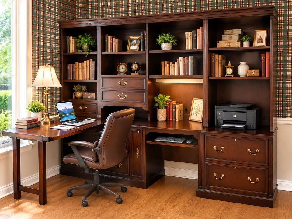 Large Executive Office Wall Unit with Built-In Desk, Bookcases & Fold-Out Worktable