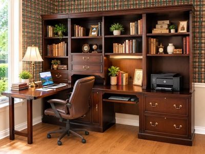 Large Executive Office Wall Unit with Built-In Desk, Bookcases & Fold-Out Worktable