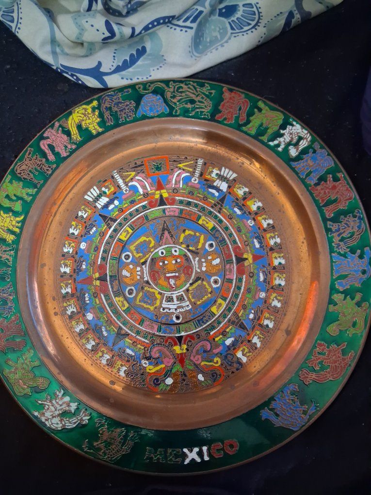 Vintage Aztec Calendar Copper Plate Wall Hanging - Made in Mexico