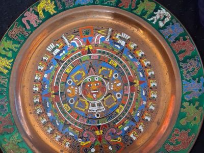 Vintage Aztec Calendar Copper Plate Wall Hanging - Made in Mexico