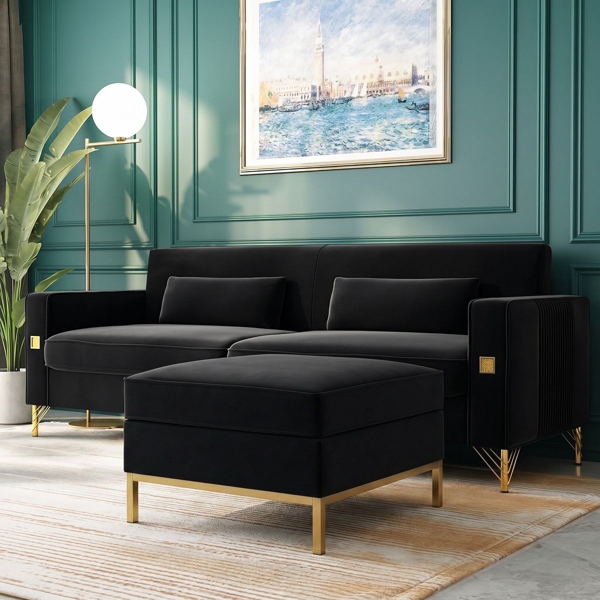 85.63 Black Velvet Sofa + Ottoman