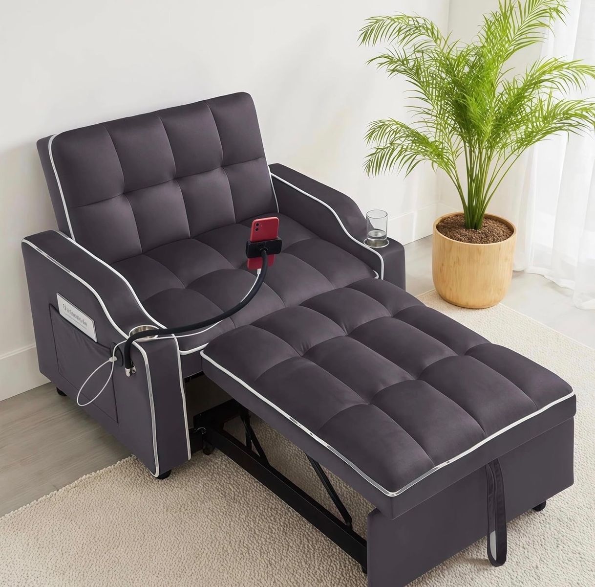 Brand new Convertible Sofa Bed Chair w/ USB, Phone Holder & Cupholder, Dark Gray
