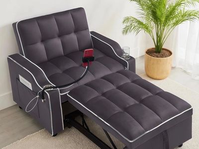 Brand new Convertible Sofa Bed Chair w/ USB, Phone Holder & Cupholder, Dark Gray