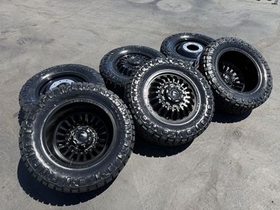 6 New Dually 10 lug DRW 10x225 Fuel Arc Black 35x12.50r20 Nitto Ridge Grappler Ford F450 F550 Ram 4500 5500 wheels and tires 10