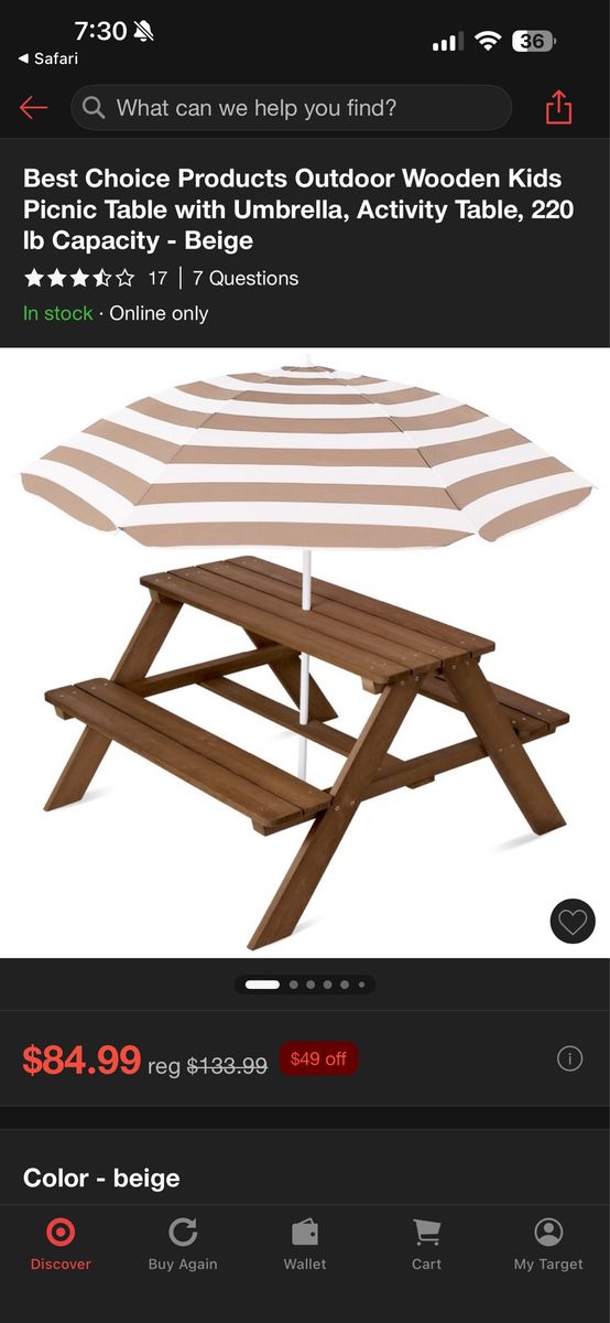 Kids Outdoor Wooden Picnic Table with Umbrella, 220lb Capacity - Beige