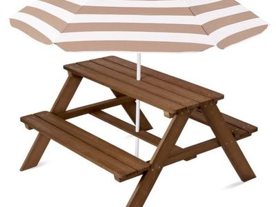 Kids Outdoor Wooden Picnic Table with Umbrella, 220lb Capacity - Beige