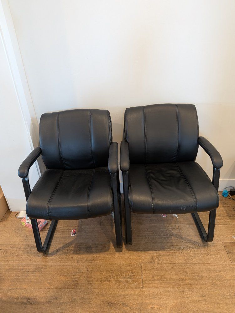 Pair of Black Leather Office Guest/Conference Chairs, Armrests, Sled Base
