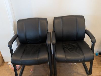 Pair of Black Leather Office Guest/Conference Chairs, Armrests, Sled Base