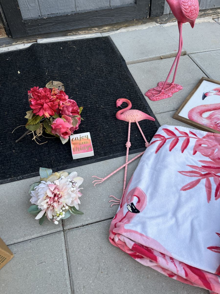 Flamingo Decor Bundle - Statues, Framed Art, Blanket & Florals