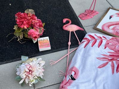 Flamingo Decor Bundle - Statues, Framed Art, Blanket & Florals