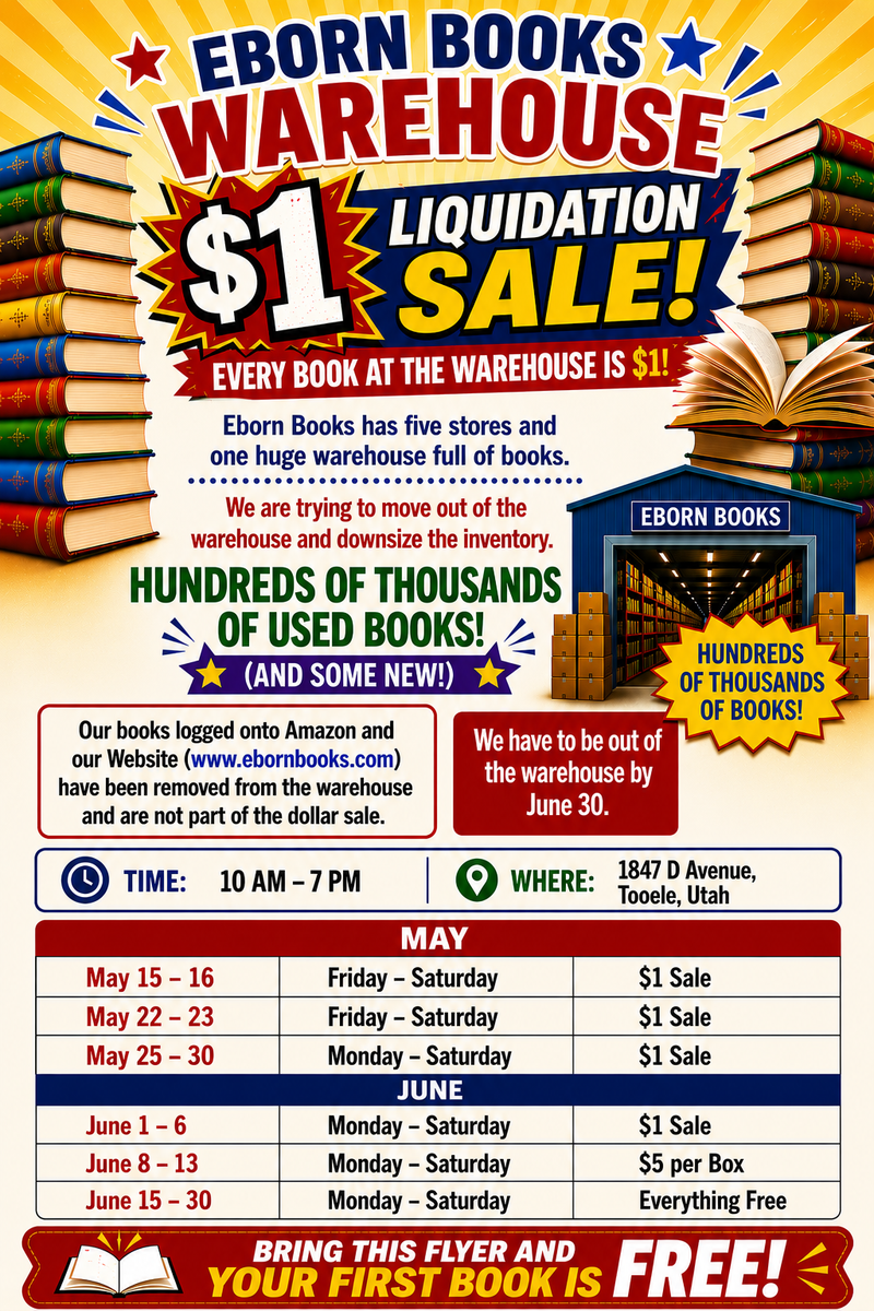 Eborn Books Warehouse Sale! All Books $1 each! Hundreds of Thousands of Books! Open Today!