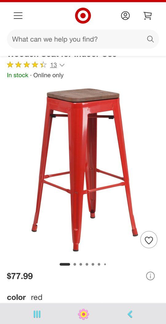 30" High Red Metal Counter Height Stool with Square Wood Seat
