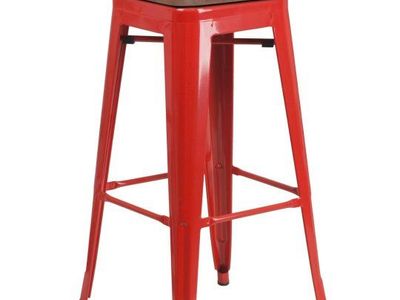 30" High Red Metal Counter Height Stool with Square Wood Seat