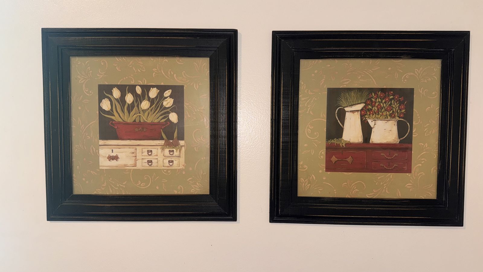 2 Hanging Picture “Antiqued Pitcher Basin Country Chic” & "The White Cupboard". With glass front cover. No damage.