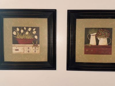 2 Hanging Picture “Antiqued Pitcher Basin Country Chic” & "The White Cupboard". With glass front cover. No damage.