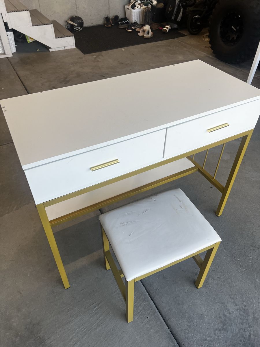 Large White and Gold Vanity Table with Matching Stool