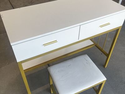 Large White and Gold Vanity Table with Matching Stool