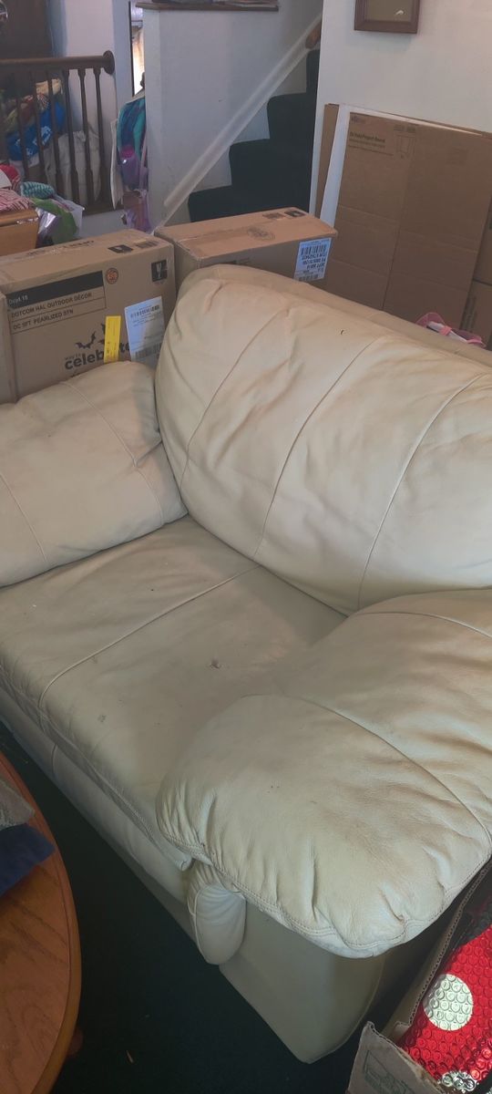 Used Leather Loveseat - Off-White/Cream, Minor Wear & Tear, Still Functional