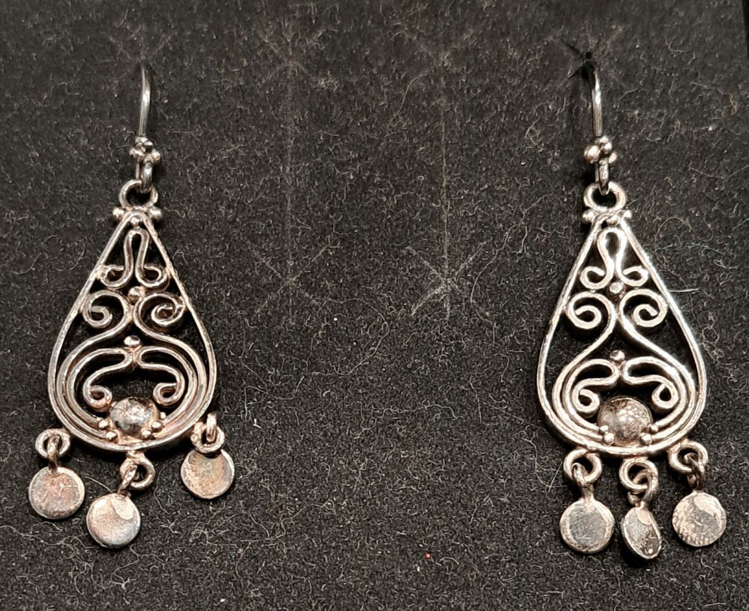 Vintage BA Suarti sterling silver filigree teardrop dangle earrings