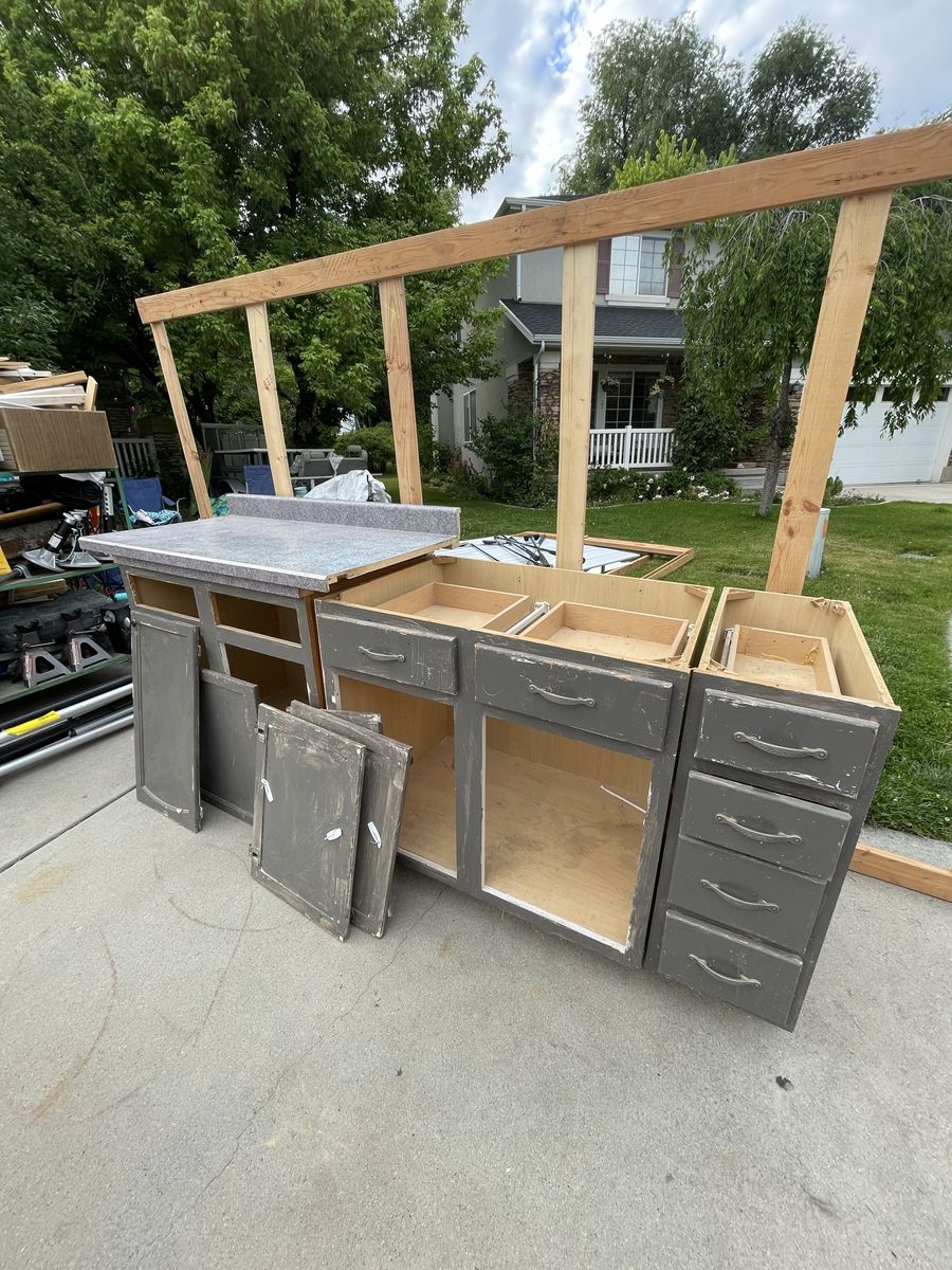 Used Kitchen Cabinets & Countertops - Full Set, Gray Finish, Ready for Renovation Project