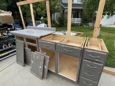 Used Kitchen Cabinets & Countertops - Full Set, Gray Finish, Ready for Renovation Project
