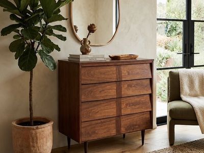 Vintage Mid Century 4-Drawer Louvered Highboy Chest of Drawers Dresser w/Parquet Striped Facade & Matching Sides & Tapered Legs