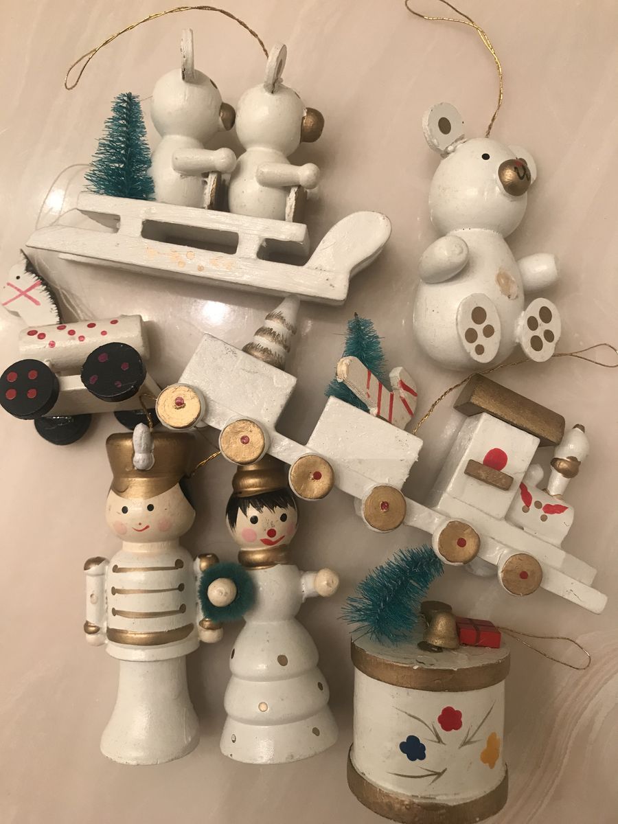 7 HANDMADE Antique Bear Sled Soldier Drum Horse Train candy cane toys bell tree toy Christmas Ornament Germany Wood white